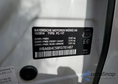 2015 BMW 650 Xi Gran Coupe из США, поврежденный, VIN WBA6B4C58FD761487